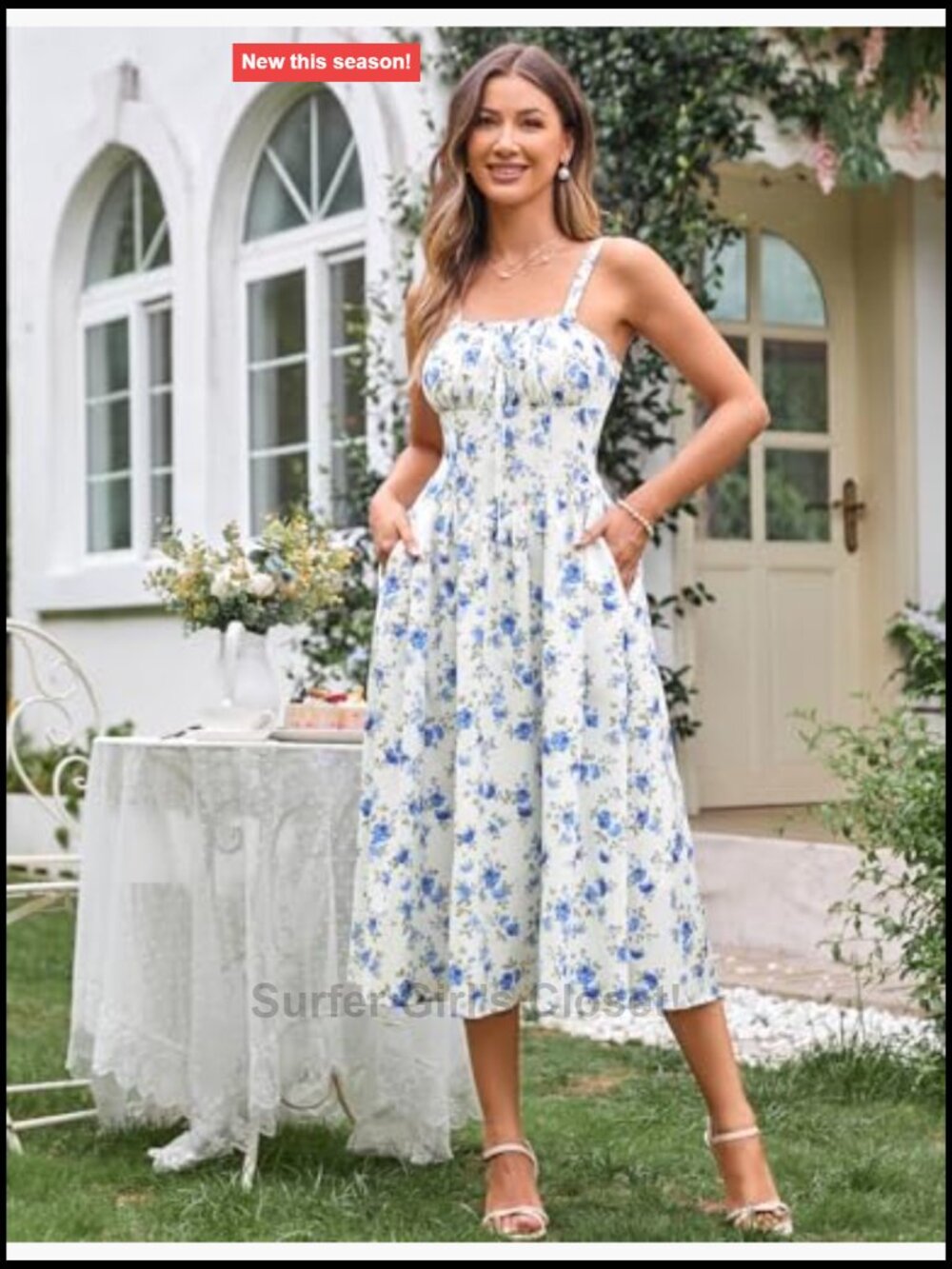 Floral Corset Midi Dress Smocked Back A-Line Summer Sundress - Picture 2 of 7